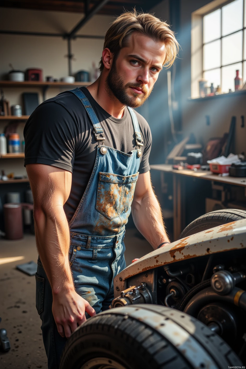 A man in a garage wearing overalls and a t-shirt, leaning on a vehicle part.
