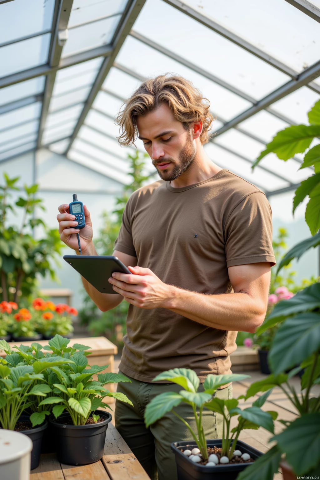 A man in a greenhouse uses a digital device while surrounded by plants.