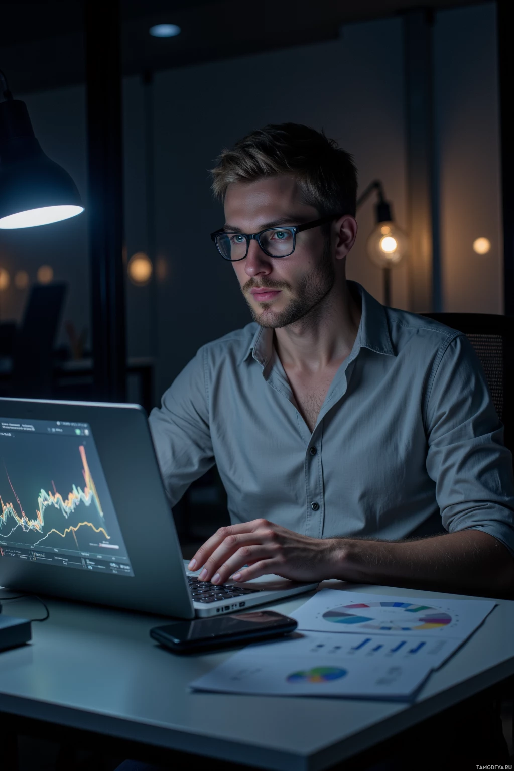 A man wearing glasses works on a laptop in a dimly lit office environment.