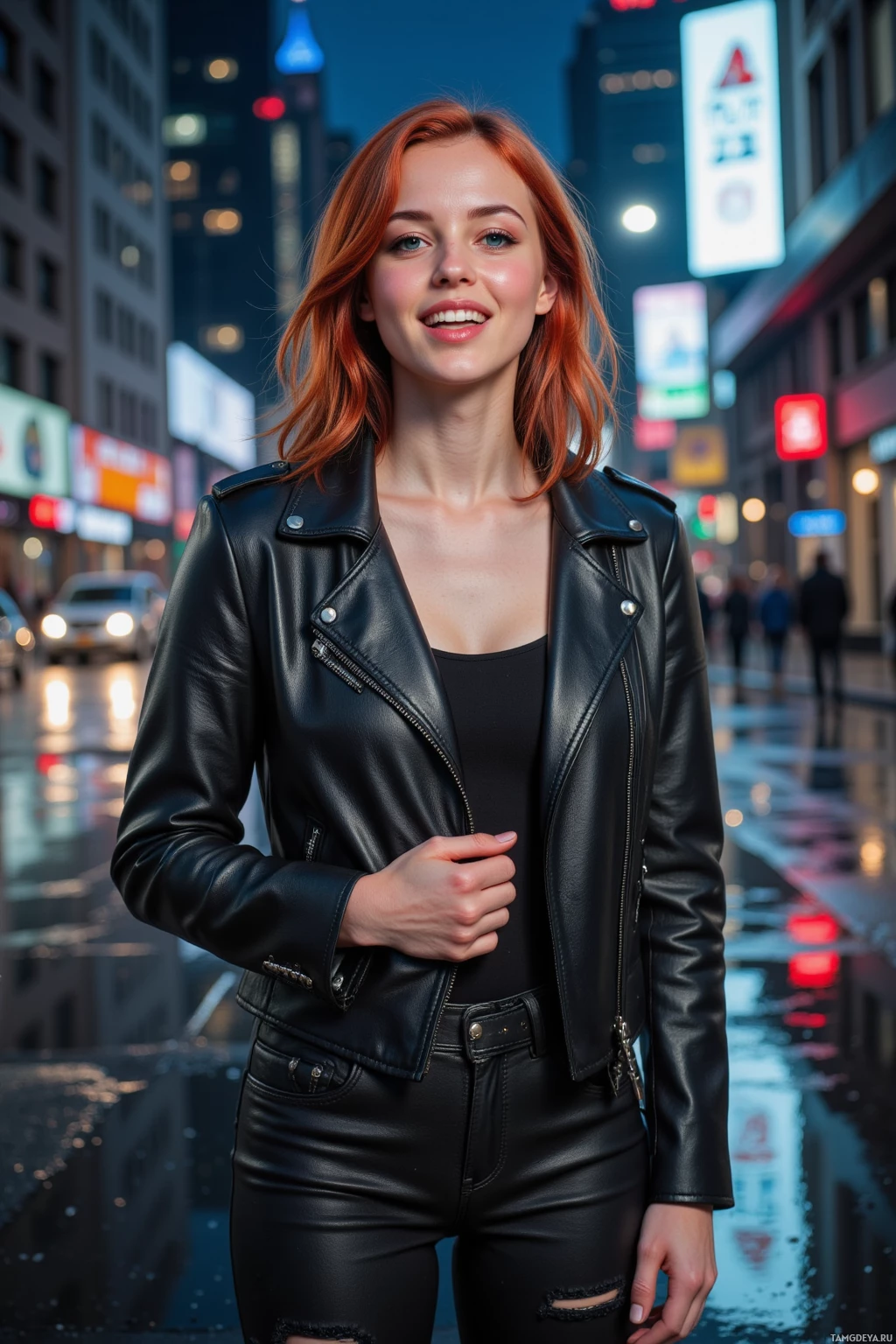 A woman in a black leather jacket and pants stands on a city street at night.