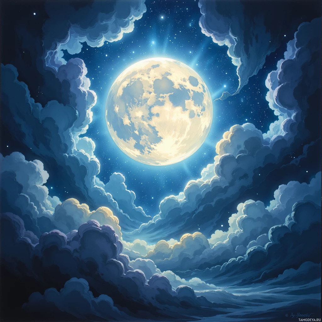 A serene night sky with a full moon, scattered clouds, and twinkling stars.