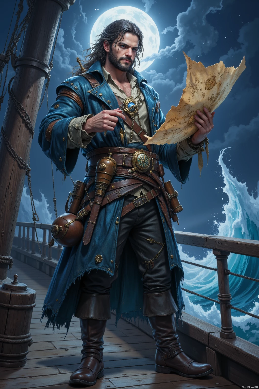 A pirate stands on a ship's deck under a full moon, holding a map and wearing a detailed outfit.