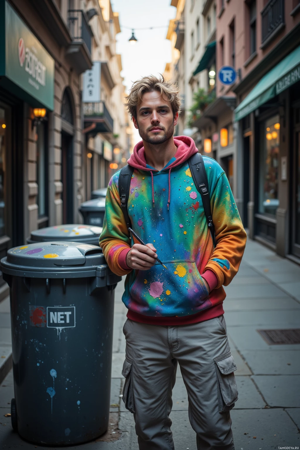A person wearing a colorful hoodie and cargo pants stands near a trash bin in an urban alleyway.