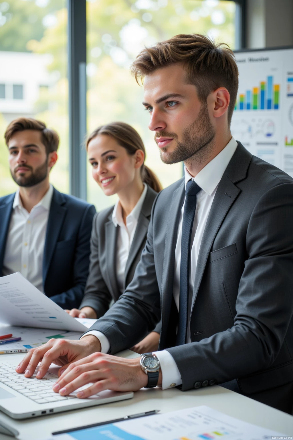 Three professionals in business attire are working at a desk with a laptop and documents.
