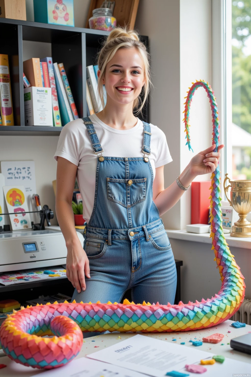 A person in denim overalls holds a colorful, origami snake in a room with books and a window.