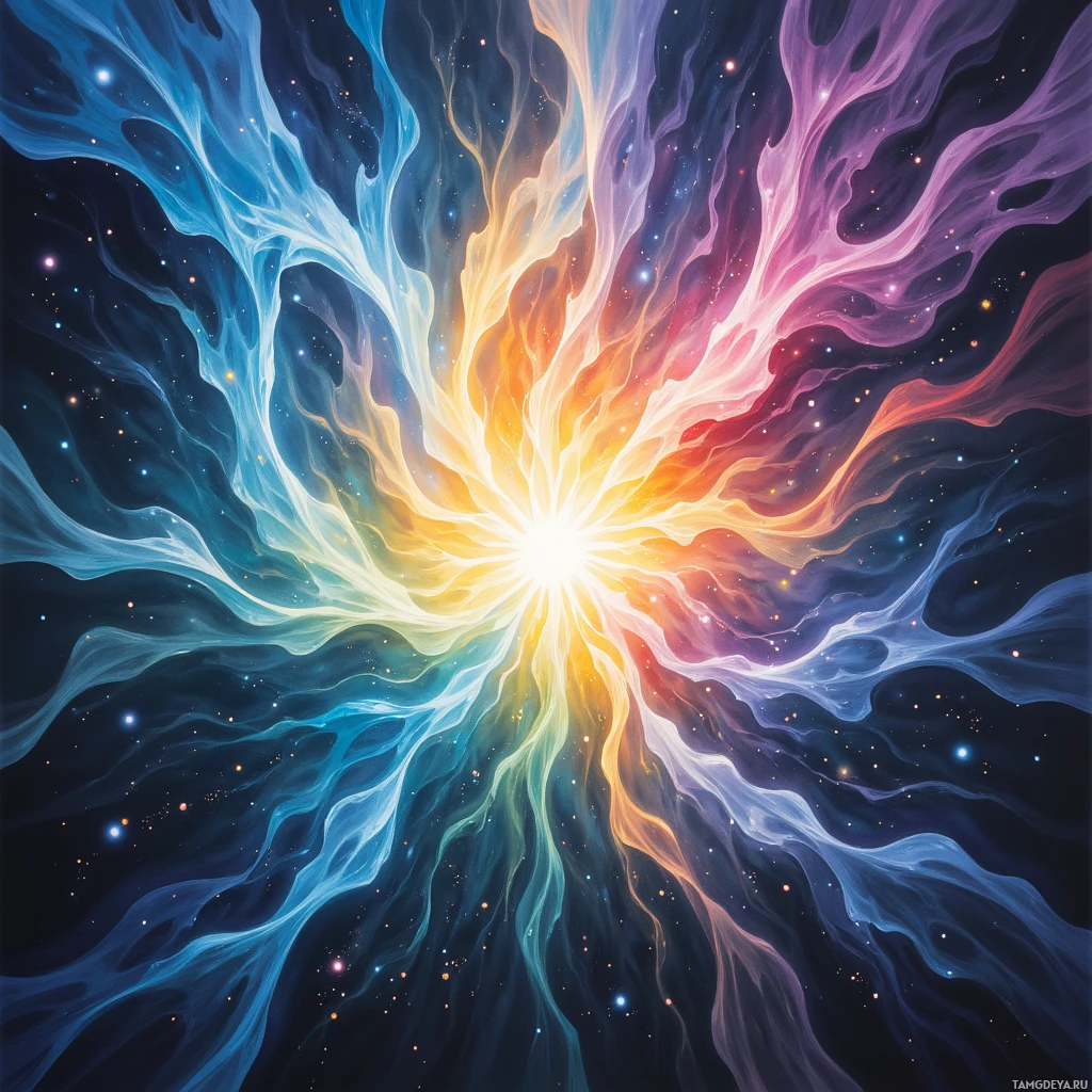 A vibrant cosmic explosion with swirling colors and star-like specks against a dark background.