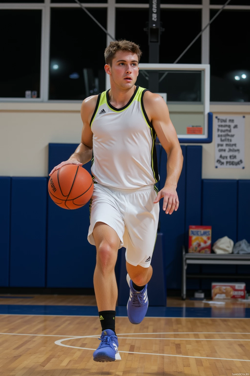 A basketball player dribbles a ball on an indoor court.