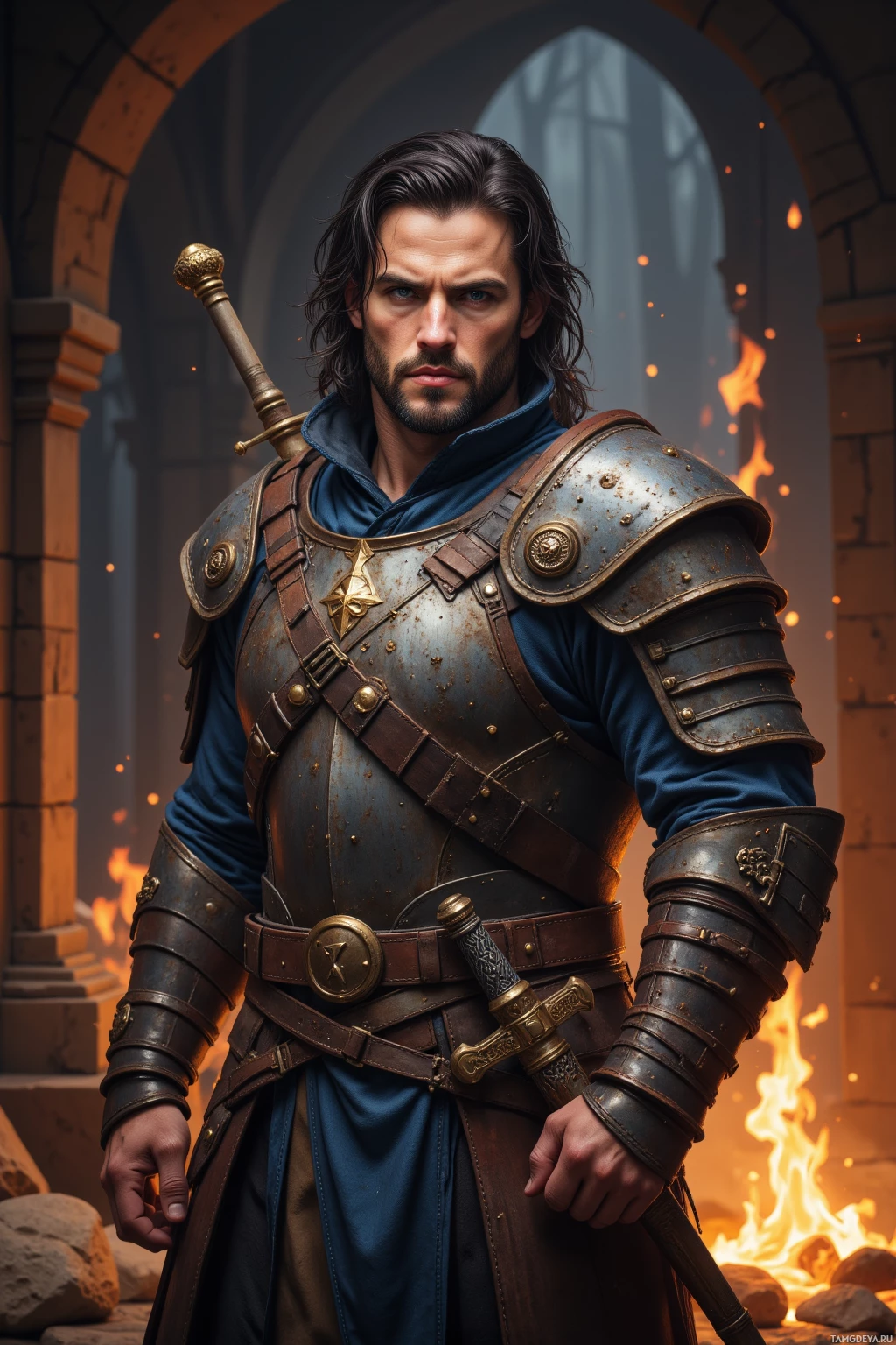 A warrior in medieval armor stands in front of a stone archway with a sword at his side.