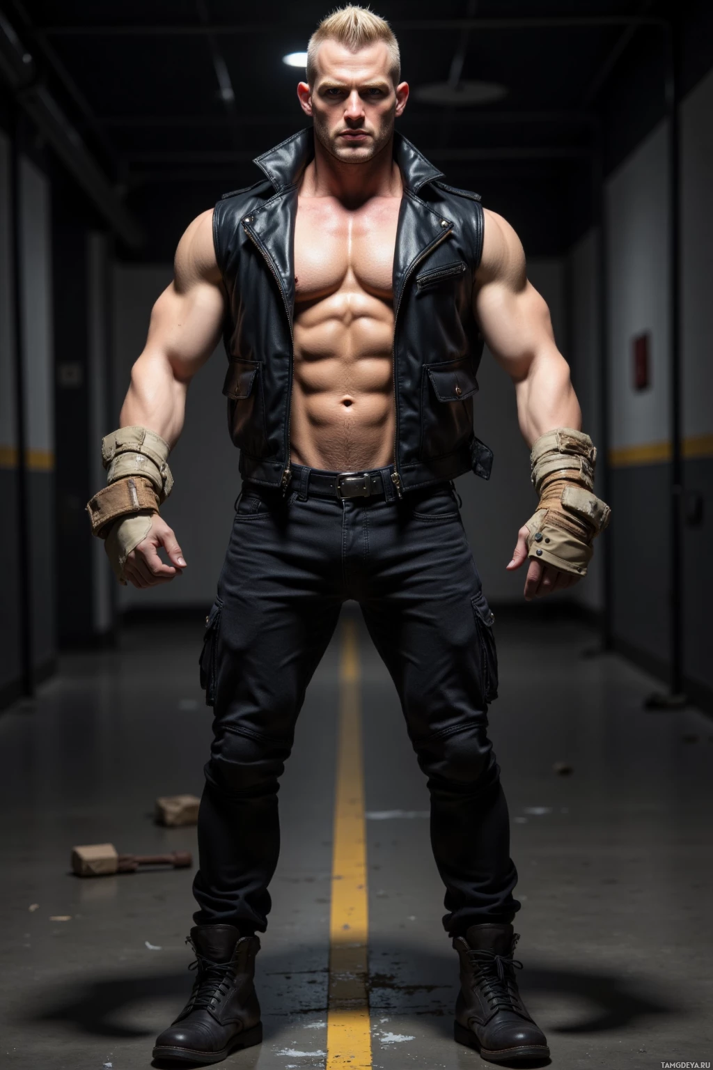 A muscular man in a leather vest and cargo pants stands in a dimly lit corridor.