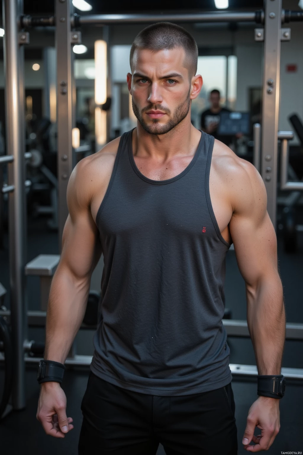 A muscular man in a gym wearing a tank top and wristband.