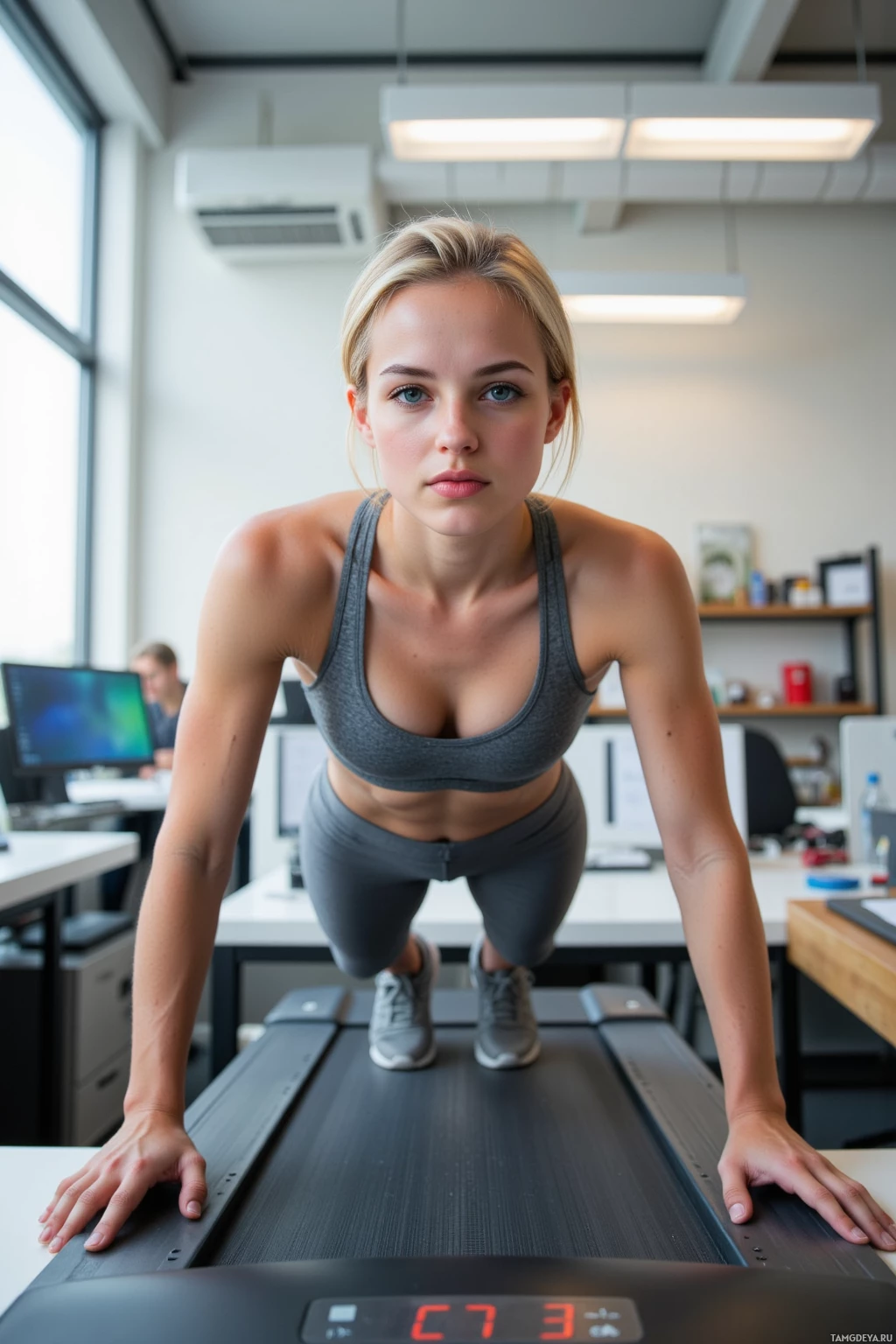 A woman in athletic wear is doing a plank exercise on a treadmill in an office setting.