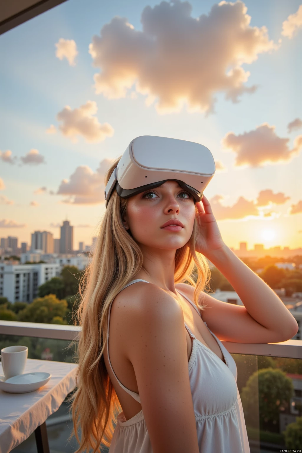 A person wearing a VR headset stands on a balcony overlooking a cityscape at sunset.