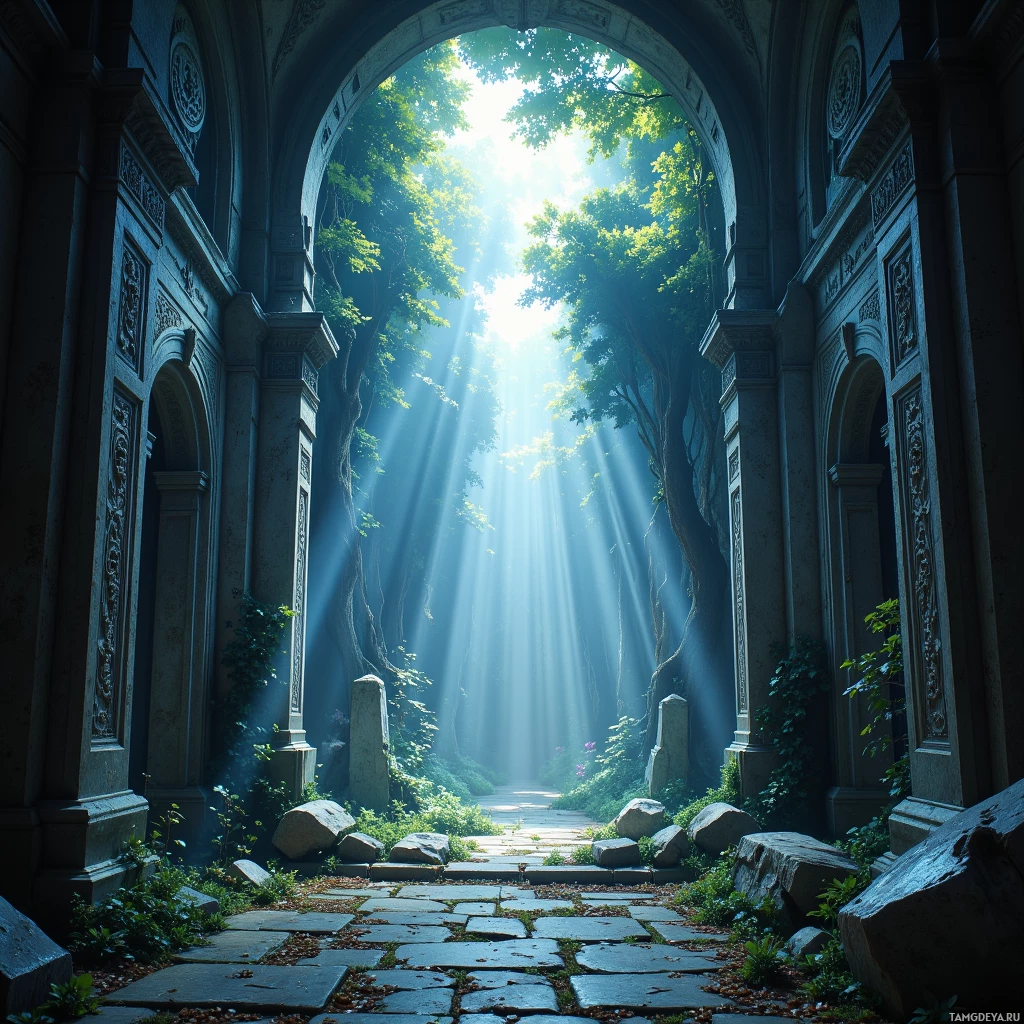 A sunlit archway with stone pillars and a path leading into a lush forest.