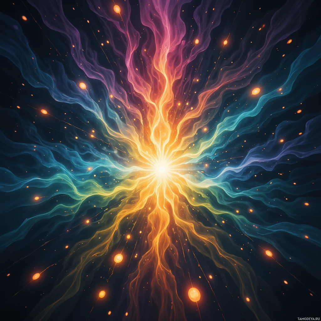 A vibrant cosmic explosion with radiant colors and glowing particles.