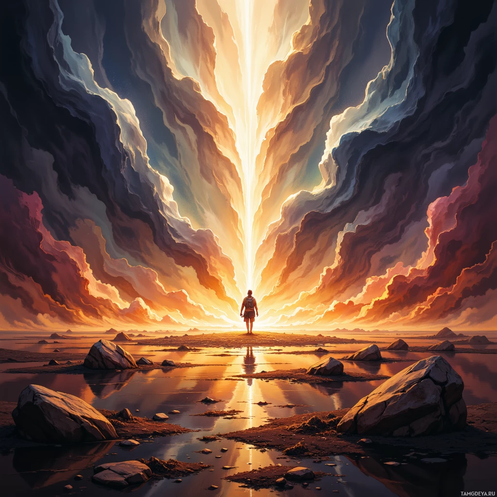 A lone figure stands on a rocky shore, gazing at a radiant, ethereal light piercing through dramatic clouds.