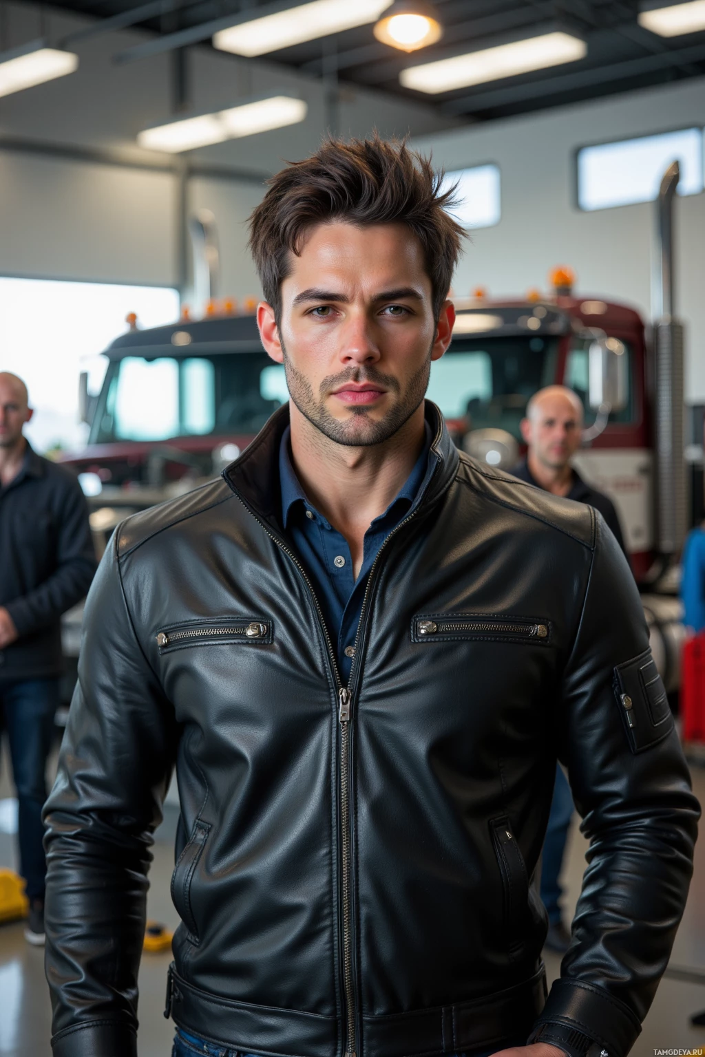 A man in a black leather jacket stands in a garage setting.