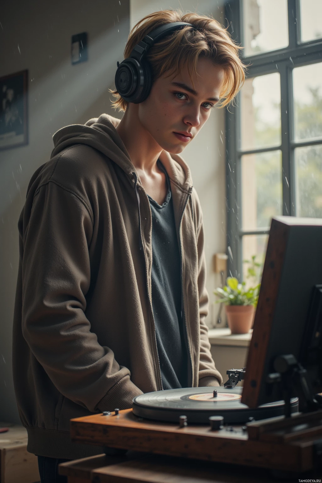 A person wearing headphones and a hoodie stands beside a record player in a room with a window.