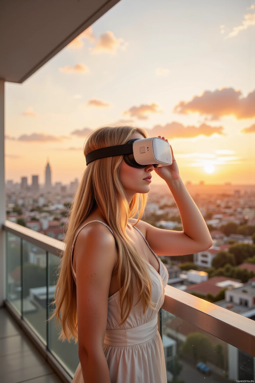 A woman wearing a VR headset stands on a balcony overlooking a cityscape at sunset.