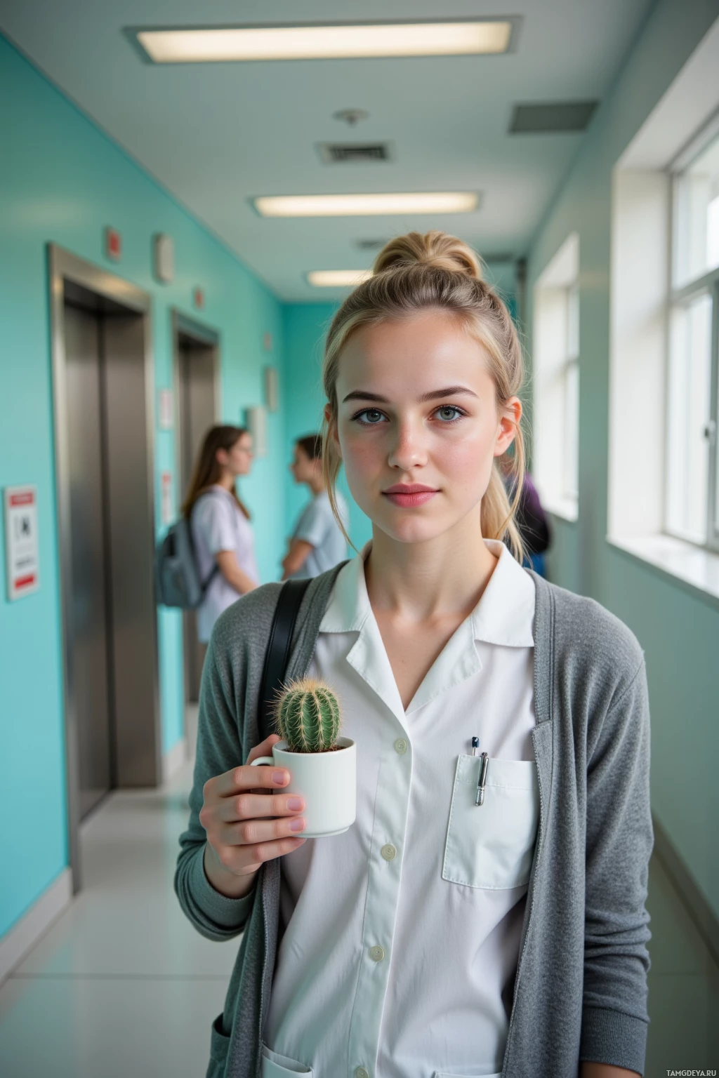 A young woman in a white shirt and gray cardigan holds a small cactus in a white pot, standing in a hospital corridor.
