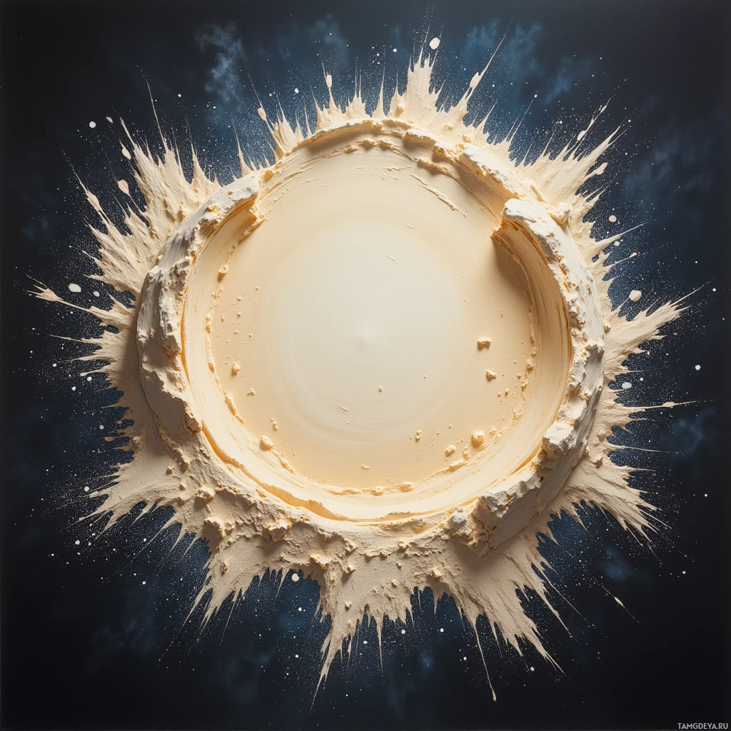 A circular splash of cream against a dark, starry background.