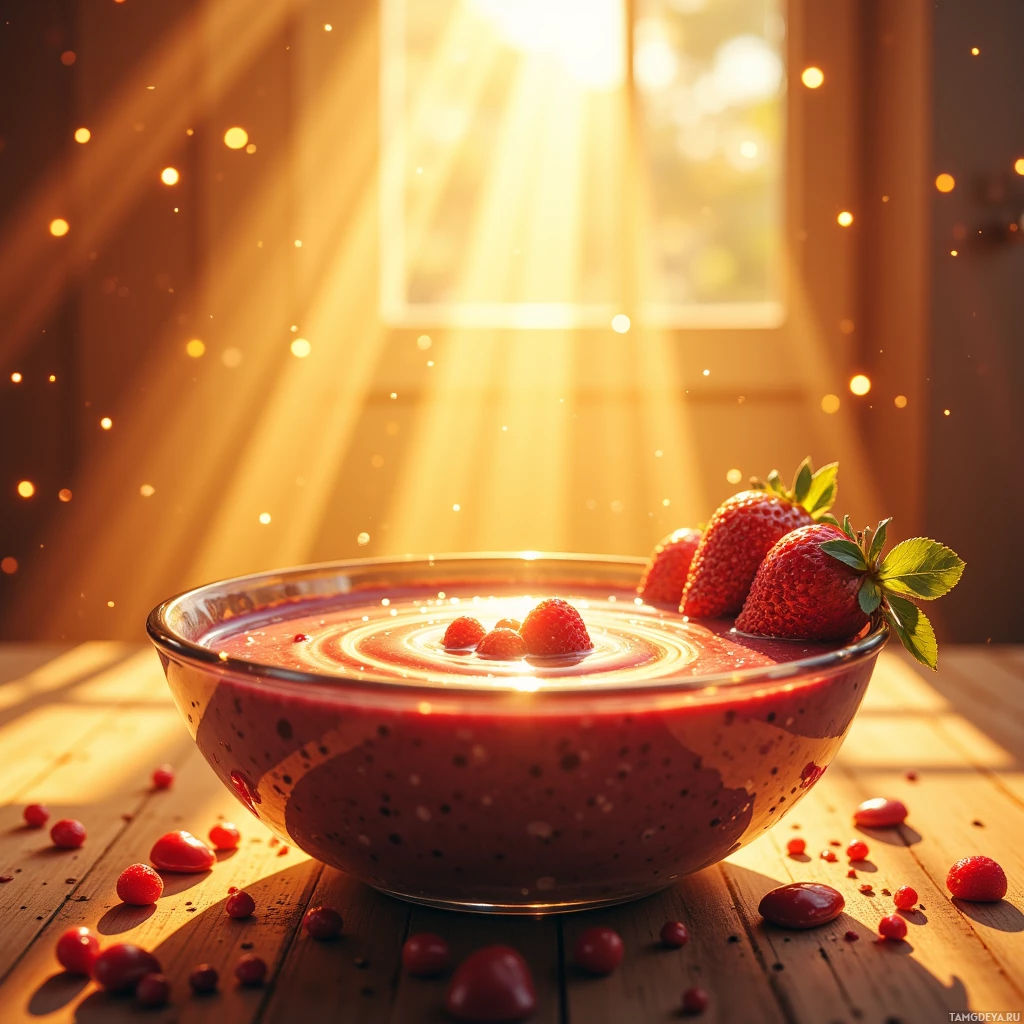 A bowl of strawberry smoothie with fresh strawberries on a wooden table, bathed in warm sunlight.