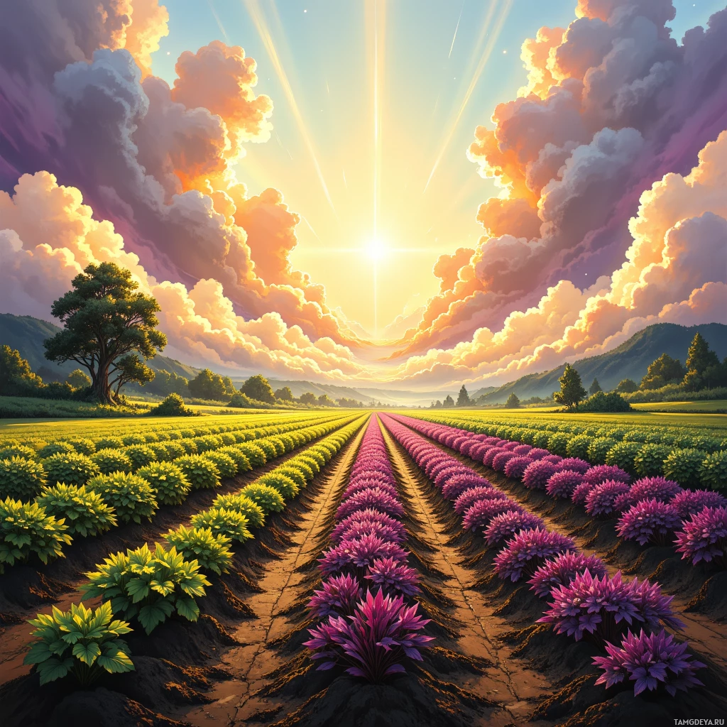 A vibrant field of purple and green flowers stretches towards a radiant sunlit sky.