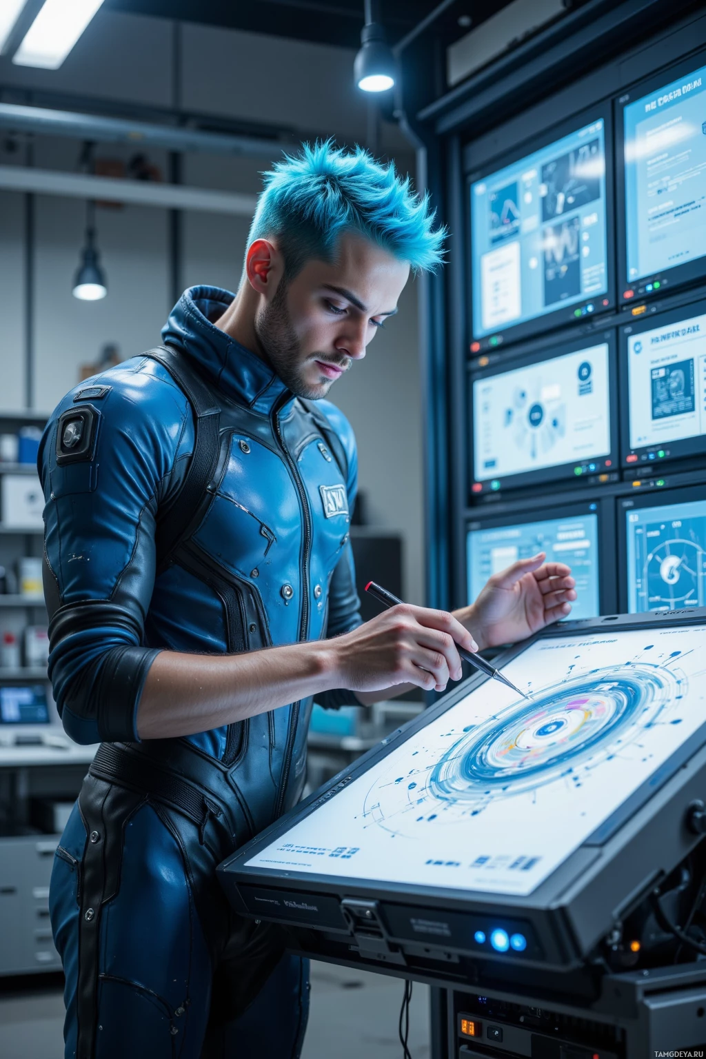 A person in a blue futuristic outfit works on a digital display in a high-tech environment.