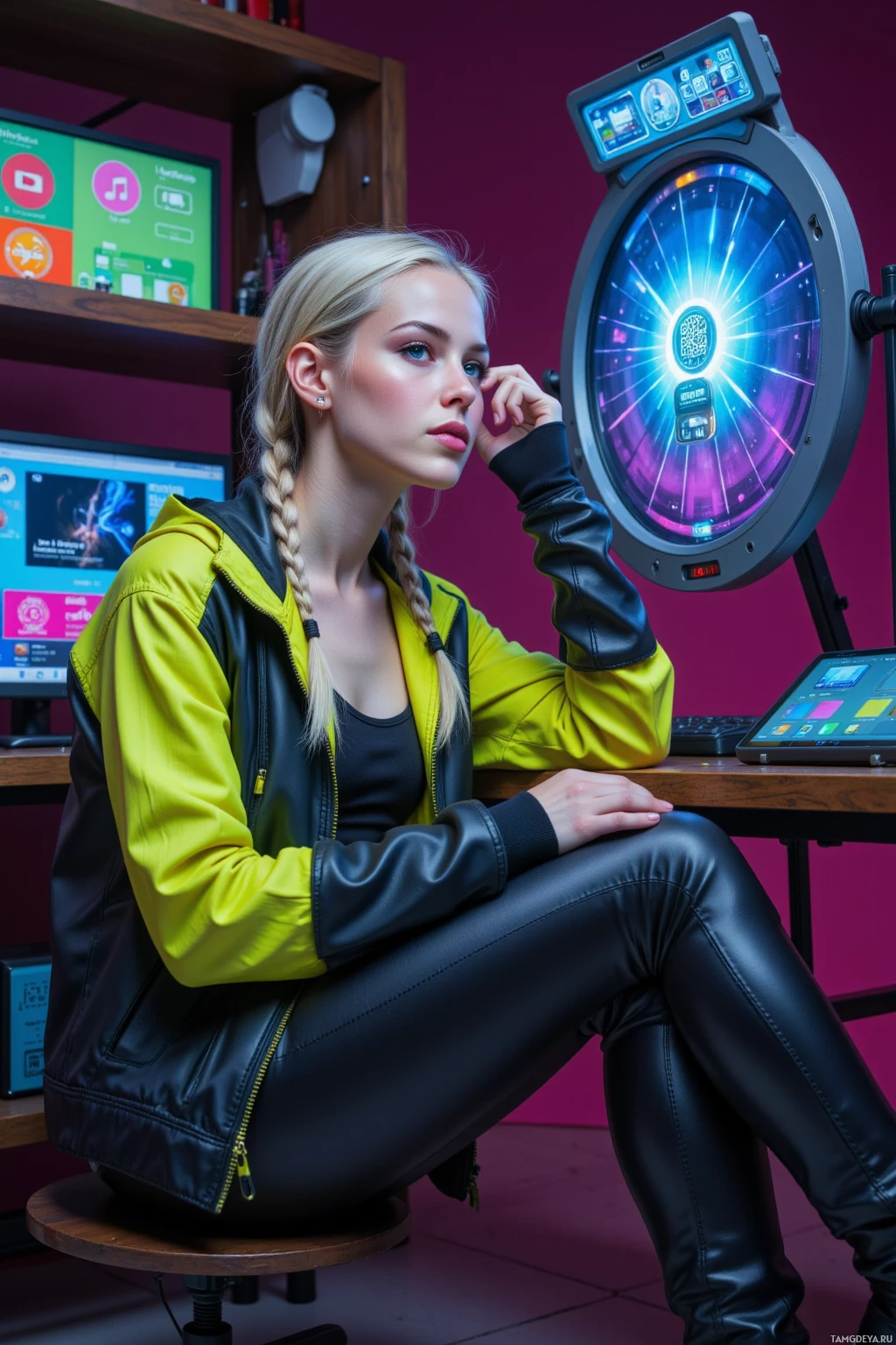 A person in a yellow and black jacket sits in front of a computer with a futuristic display.