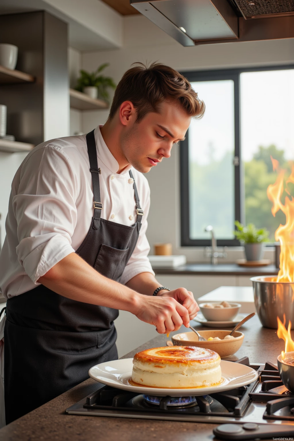 A chef in a white uniform and apron is garnishing a dessert on a plate in a modern kitchen.