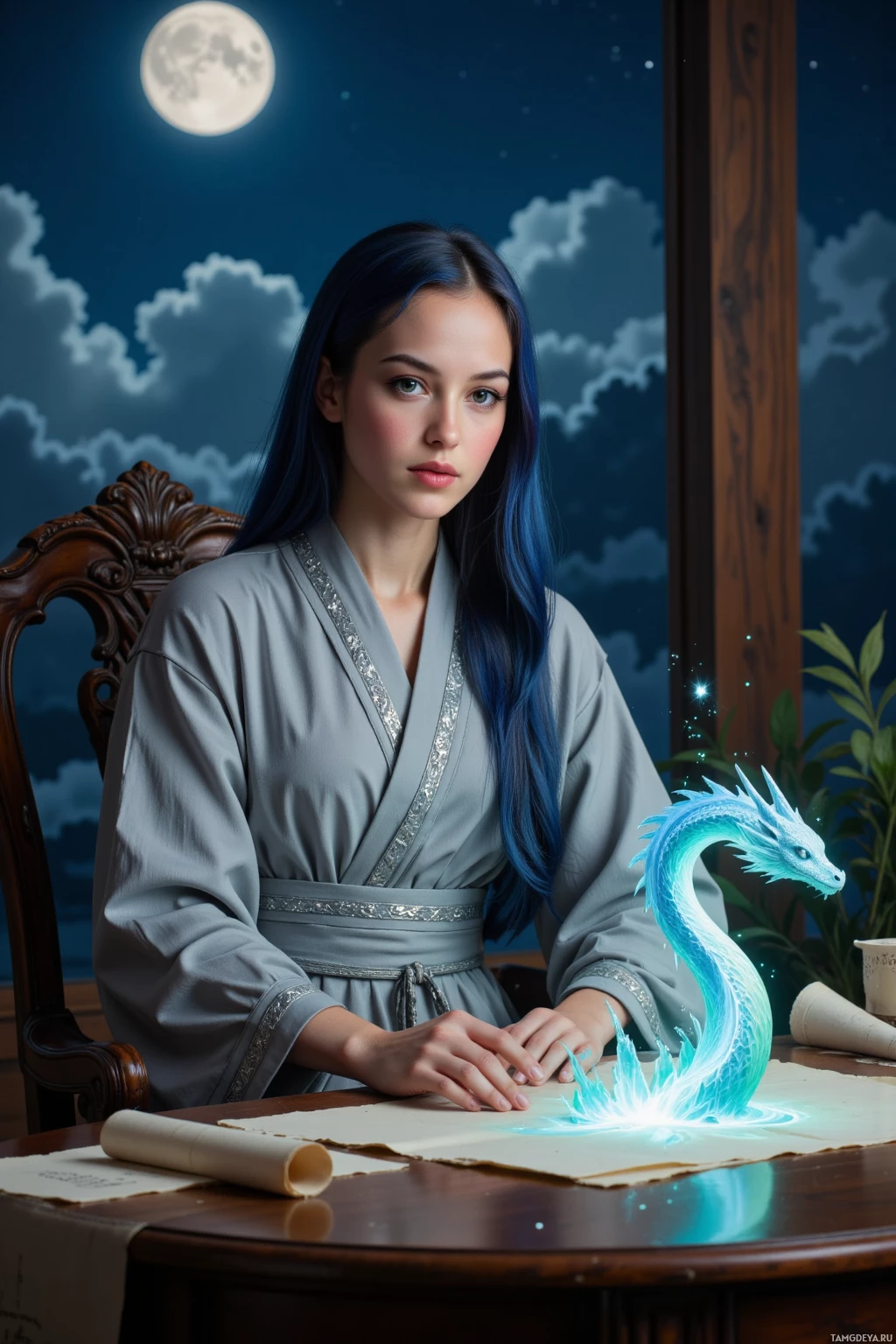 A woman in a traditional robe sits at a table with a glowing blue dragon emerging from a scroll.