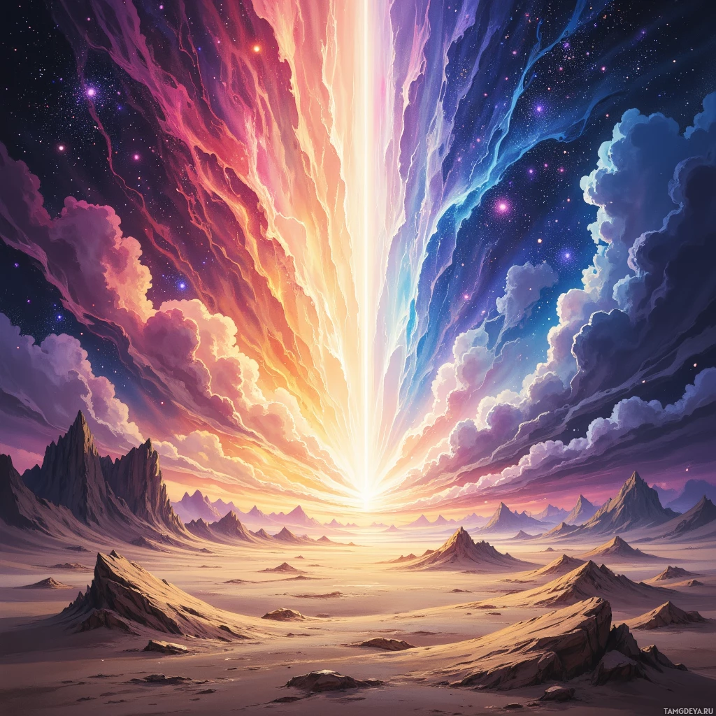 A vibrant, otherworldly landscape featuring a radiant light source and a starry sky.