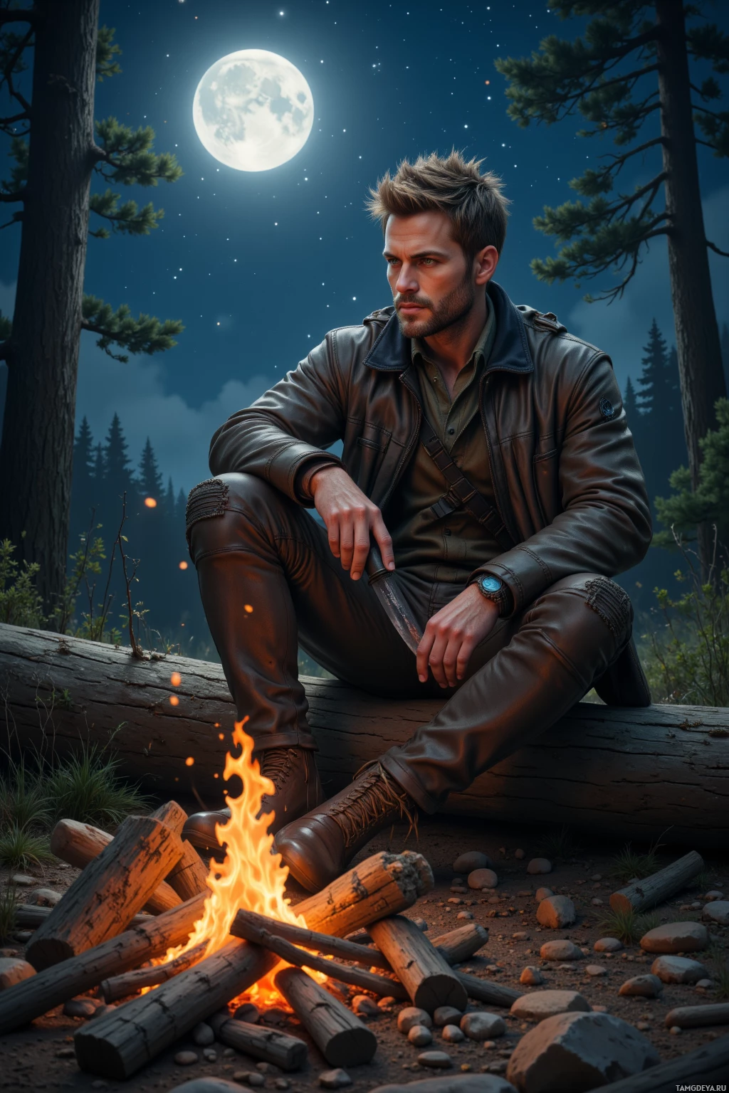 A man in a leather jacket sits by a campfire in a forest at night.