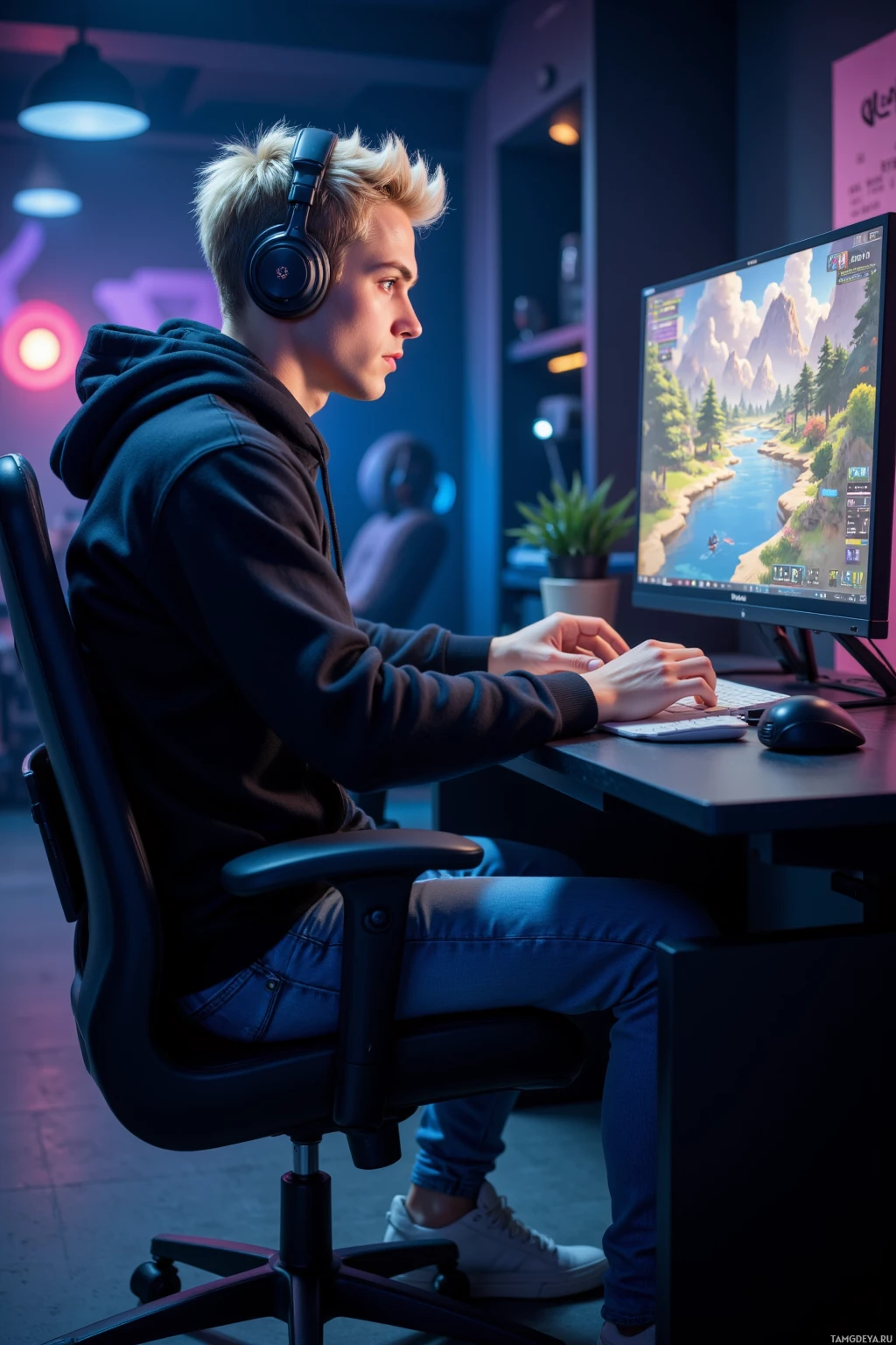 A person wearing headphones sits at a desk, focused on a computer screen displaying a scenic game.