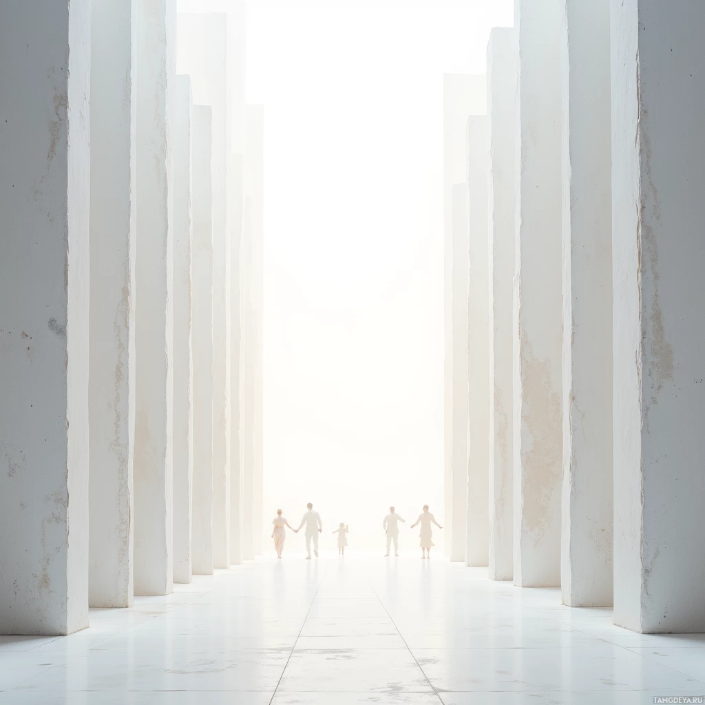 A group of people walking through a corridor of tall, white columns towards a bright light at the end.