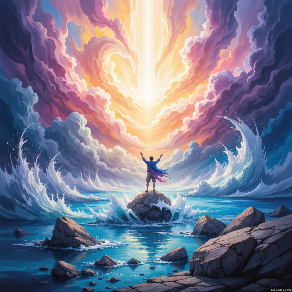 A person stands on a rocky outcrop, arms raised, gazing at a vibrant sky with swirling clouds and a radiant light beam.