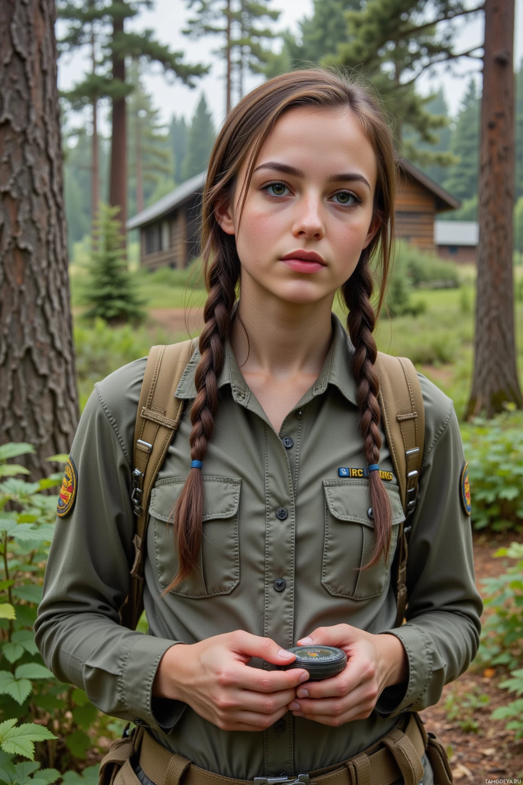 A person in a forest setting wearing a uniform and holding a compass.