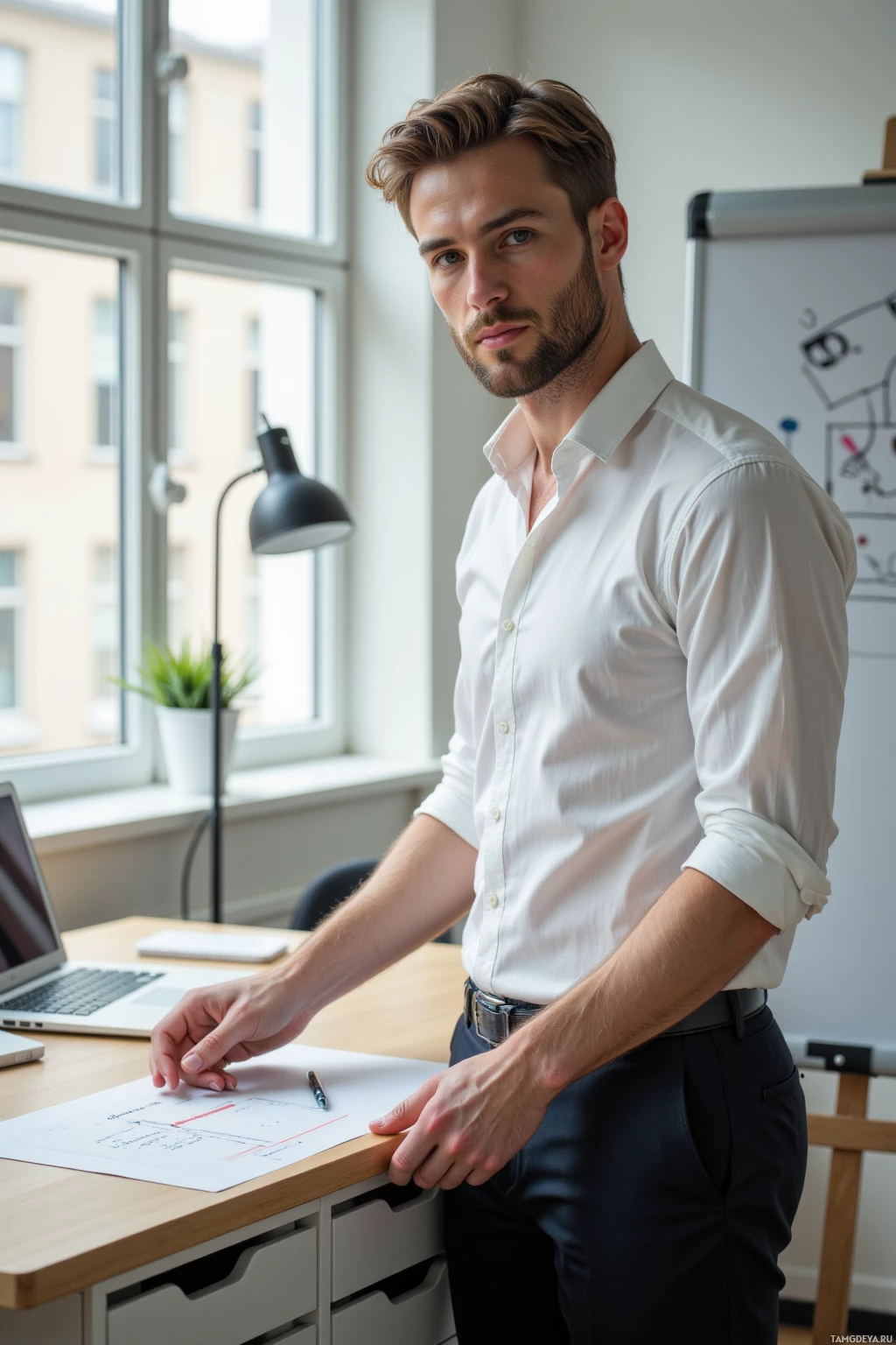 A man in a white shirt stands in an office, leaning on a desk with a laptop and papers.