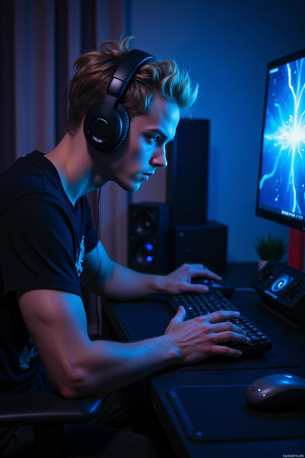 A person wearing headphones is seated at a desk, working on a computer.