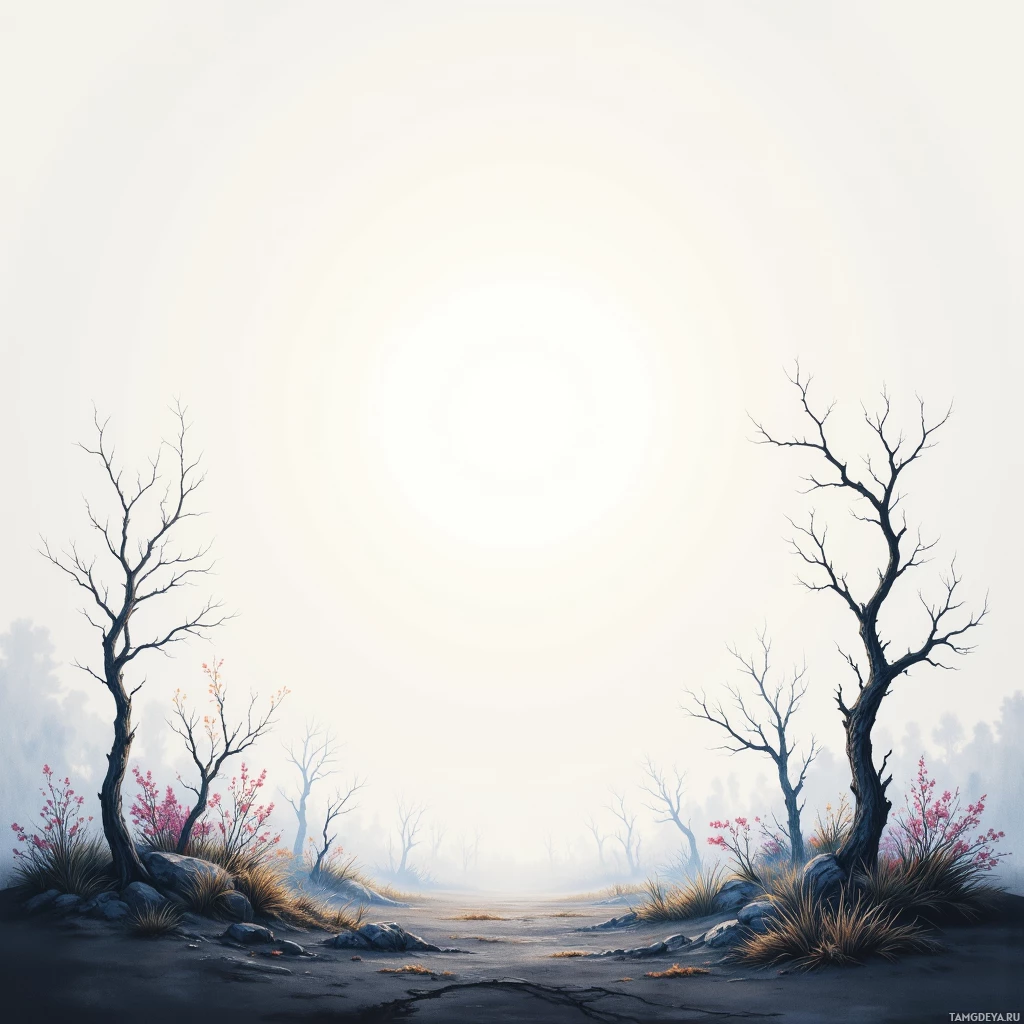 A serene landscape with bare trees and pink blossoms in a misty, open field.