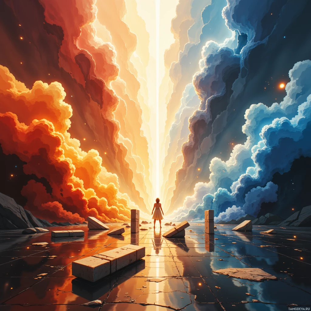 A lone figure stands at the center of a reflective surface, gazing towards a bright, radiant light at the horizon, surrounded by dramatic, colorful clouds.