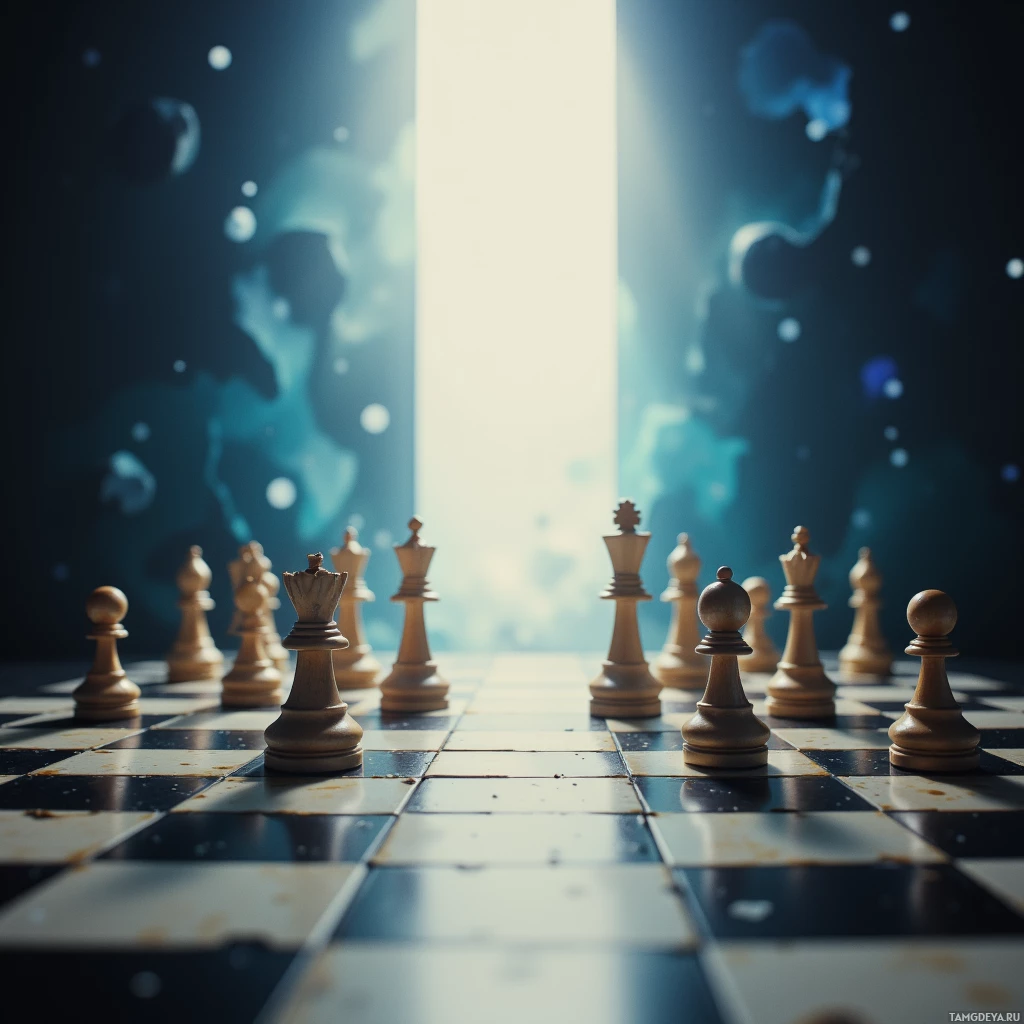 A chessboard with white pieces arranged in a starting position, set against a glowing, ethereal background.