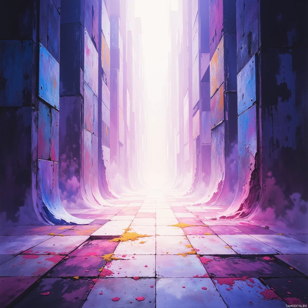 A vibrant, abstract corridor with a glowing light at the end.