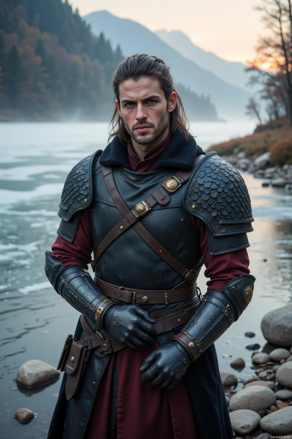 A person in medieval armor stands by a river with mountains in the background.