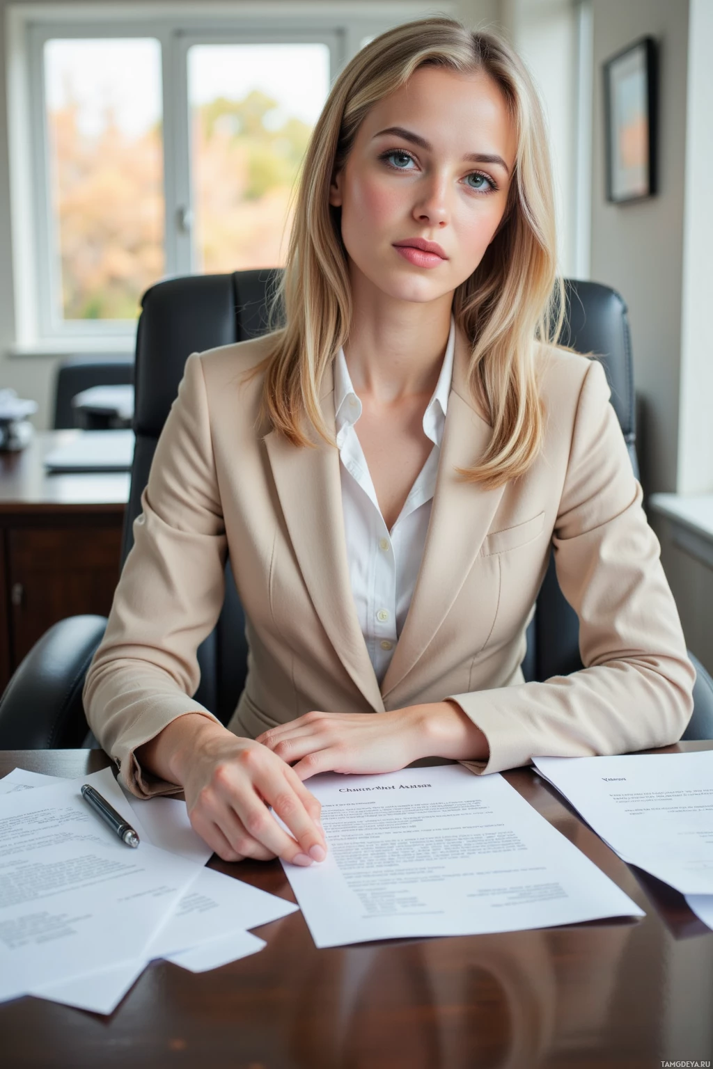 A woman in a professional setting, seated at a desk with documents and a pen.