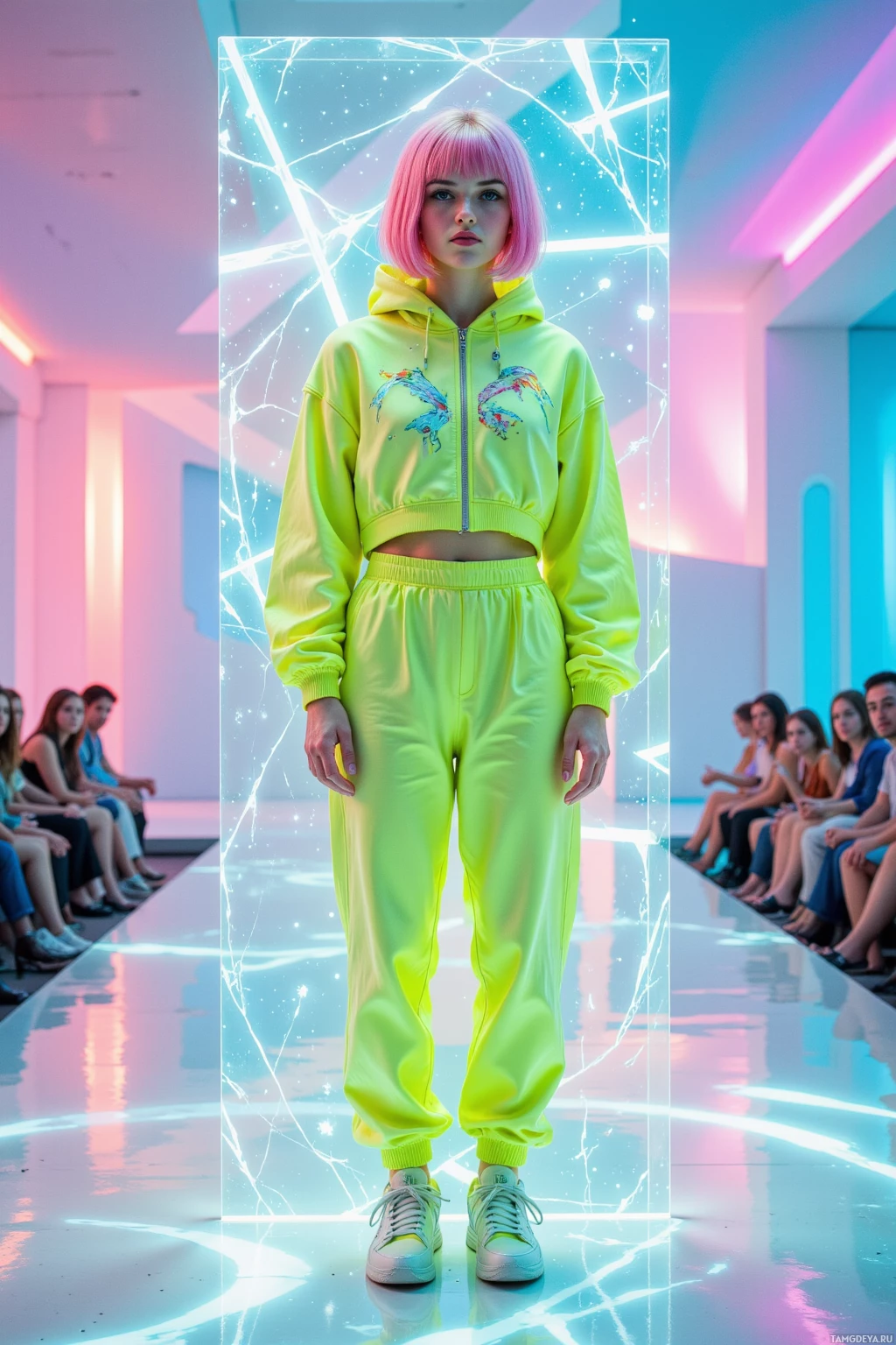 A model in a neon yellow tracksuit walks down a runway with a futuristic, glowing background.