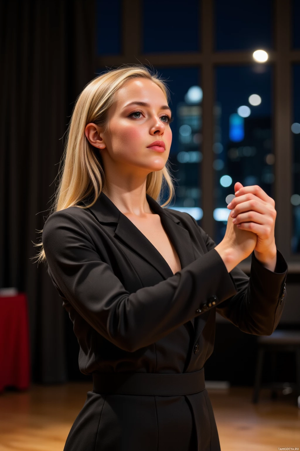 A woman in a black blazer stands indoors, hands clasped in front of her.