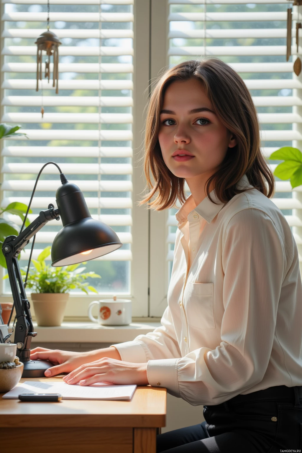 A woman sits at a desk by a window with blinds, illuminated by a desk lamp.
