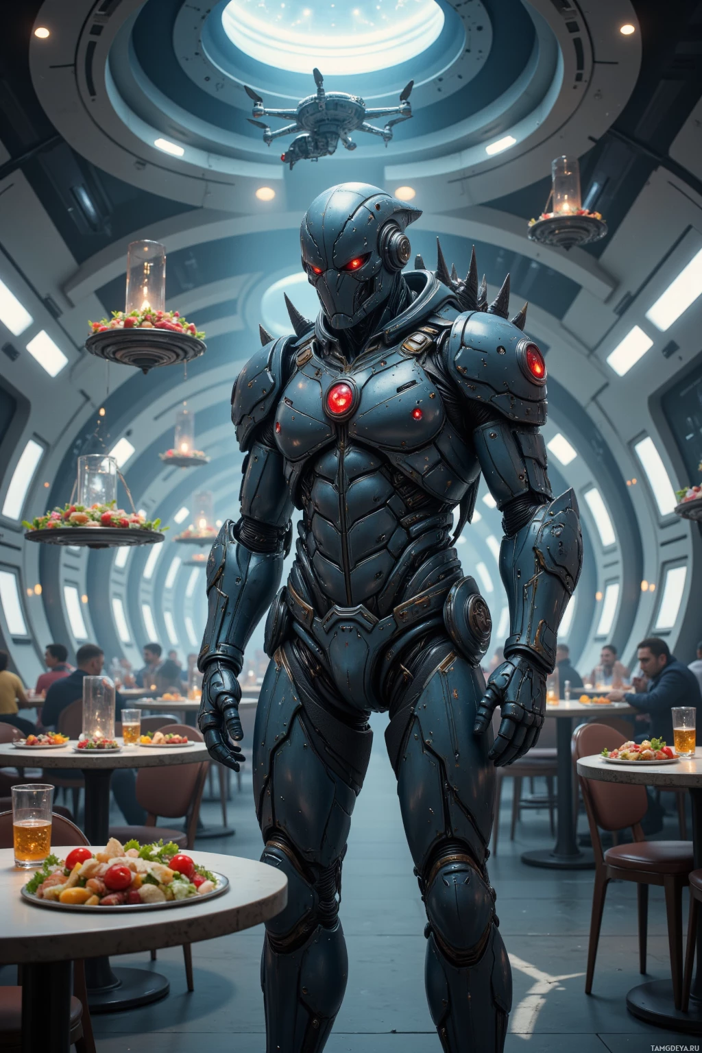 A futuristic armored figure stands in a modern dining room with floating lanterns and people in the background.