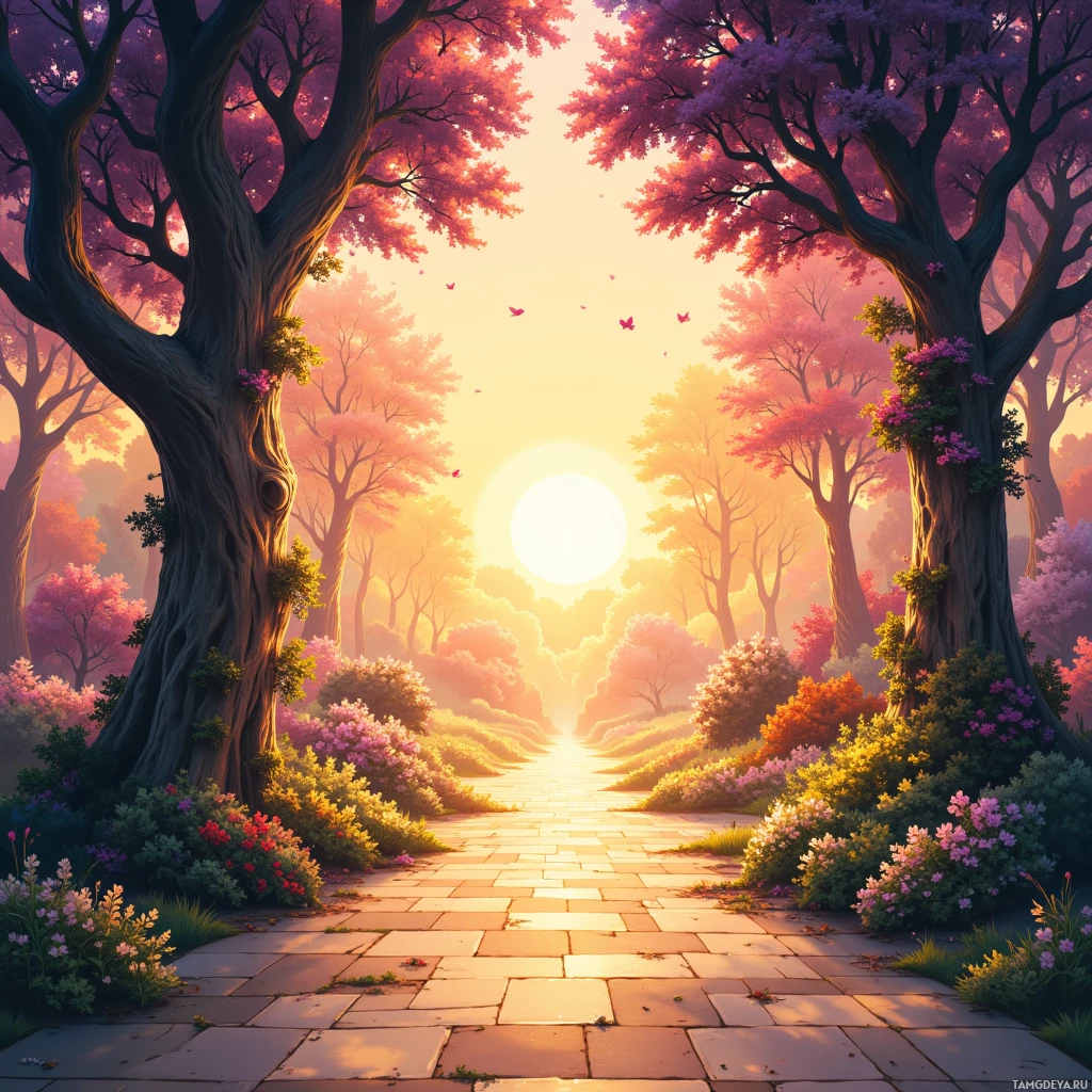 A serene pathway lined with blooming trees and vibrant flowers leads towards a glowing sun.