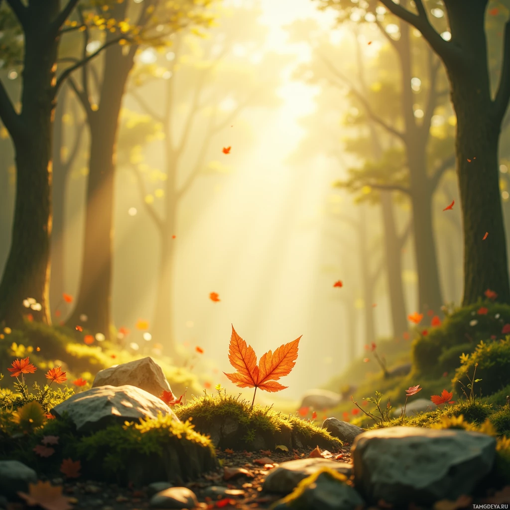 A serene forest scene bathed in golden sunlight, with a single autumn leaf resting on mossy rocks.